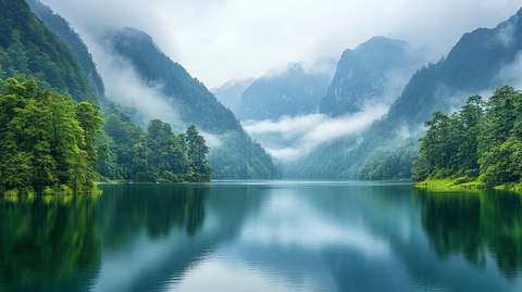 清澈湖水与青山