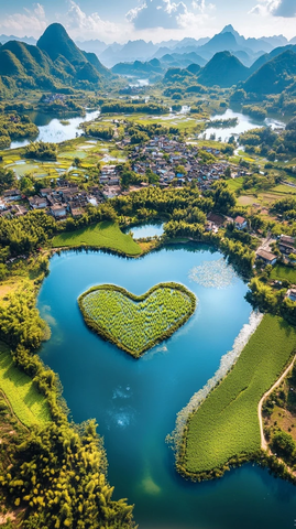 心形湖与田园风光