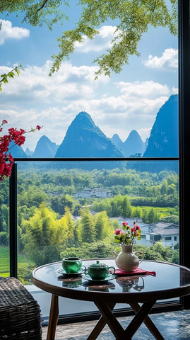 阳台茶具山景
