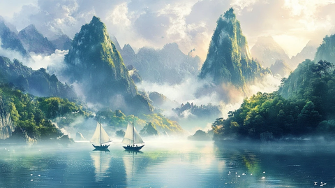 楚河孤舟映晨光