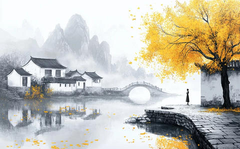 女子观山石桥水墨画