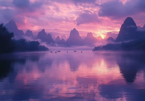 渔夫撒网暮色山水