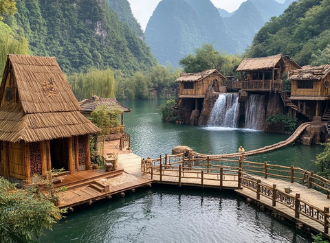 水公园竹建筑鱼池瀑布