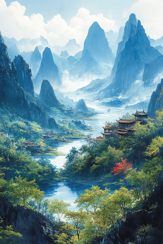 桂林山水手绘风景