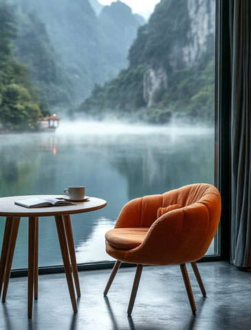 现代家居书桌与山水景观