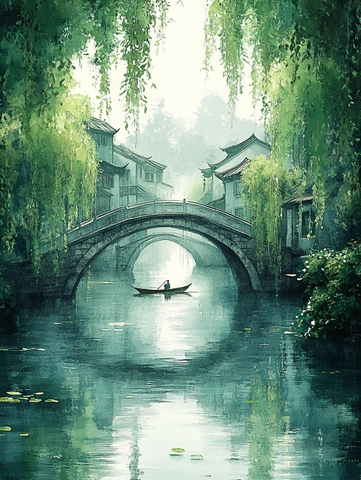 绿柳水乡拱桥船影