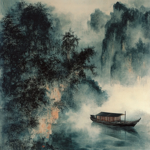 山水画中的小船与炊烟