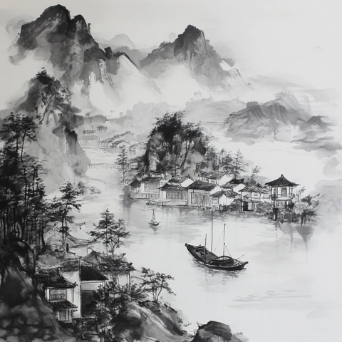 海岛渔村水墨画