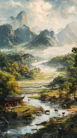 河流与稻田中的牛群