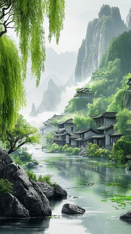 远村近河柳树石