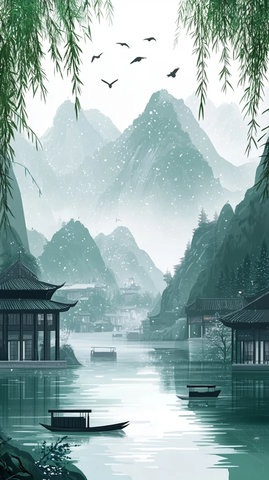 青山绿水雪景图