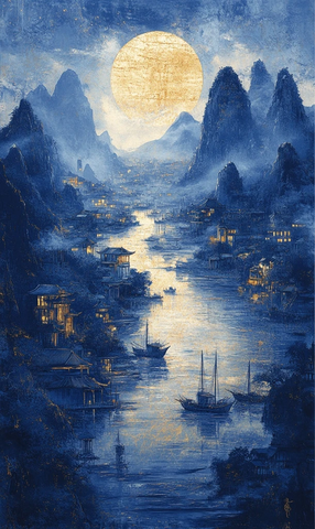 古代中国女孩与河流船只