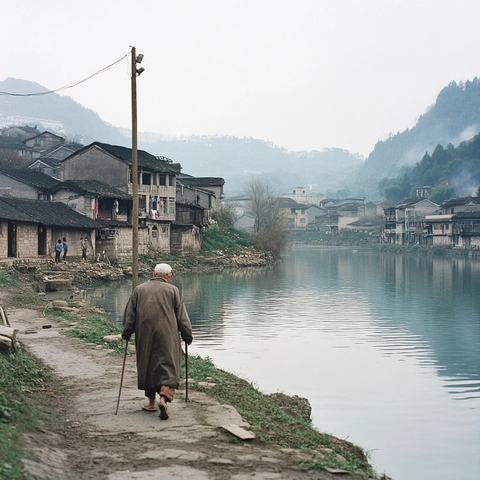 盲人走向河边取水