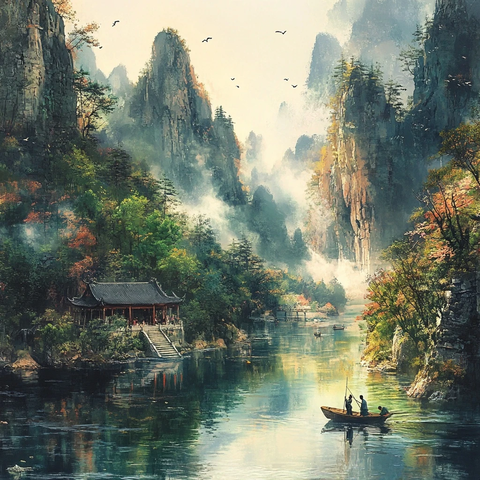 山林河流渔舟人家