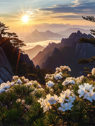 日出云海松树悬崖