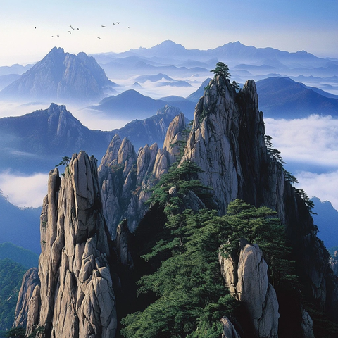 泰山云海暮鸟归