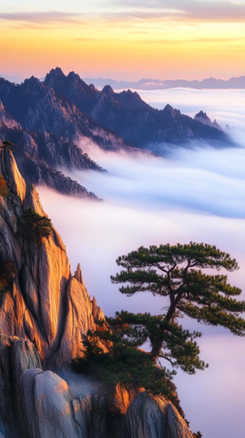 黄山日出云海松树