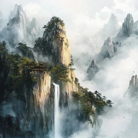 黄山松石云瀑图