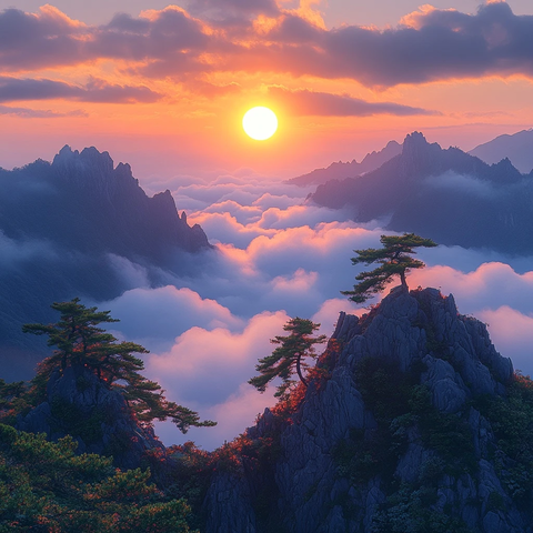 日出云海松树山峰