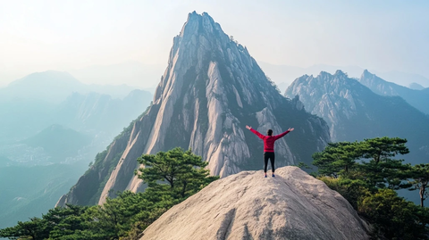人在山脚仰望高峰