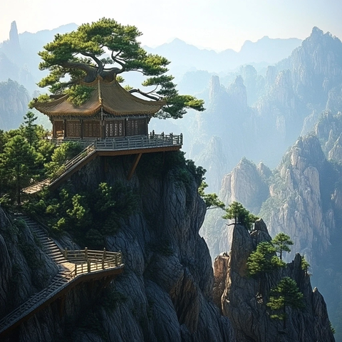 山顶平台古树寺庙