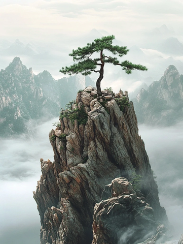 孤峰松树云雾山景