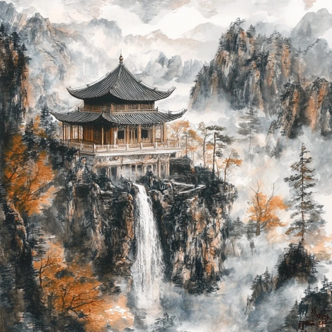 山顶木制寺庙全景