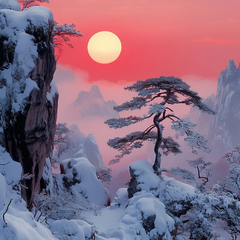 冬日红日映雪峰