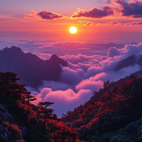 黄山云海红日红木树顶俯瞰