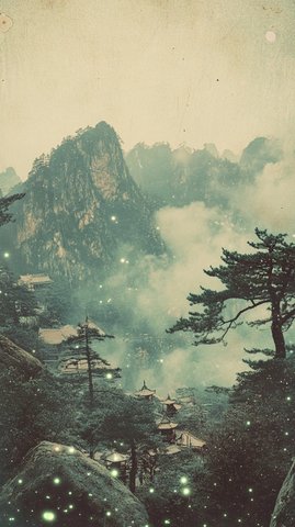 云雾缭绕高山松树