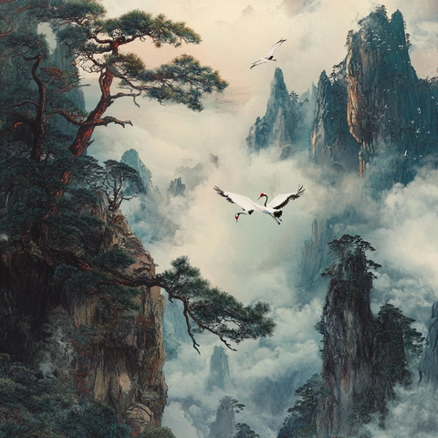 松树白鹤彩蝶峭壁