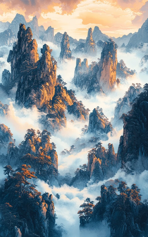 云海奇峰光束照耀