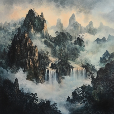 门牌楼祥云山水中国风插画