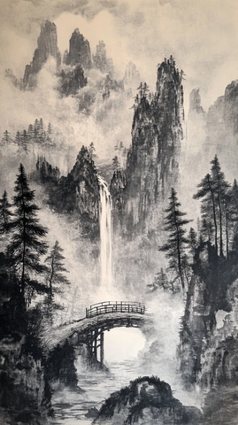山水画中的古桥与瀑布