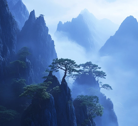 神秘树木与迷雾山脉