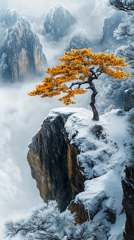 悬崖黄叶云海树