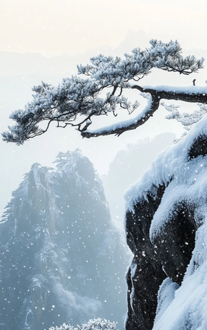 雪覆树枝日出山景