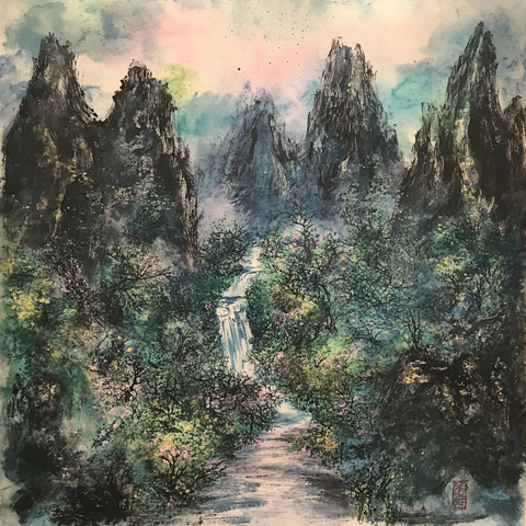 山水瀑布园林画