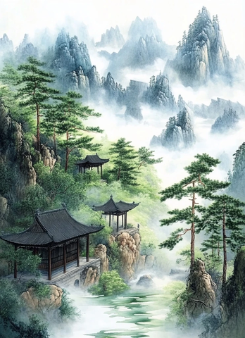 高山绿树流水亭