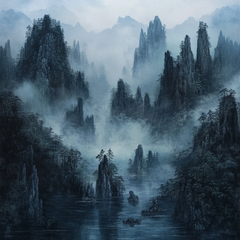 云雾缭绕的山水画