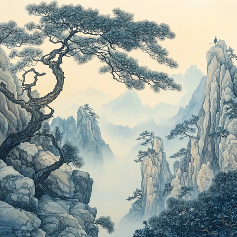 松树与山水的冥想