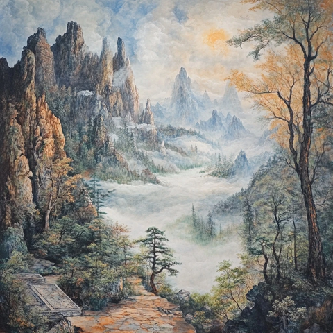 山水画中的古桥与亭台