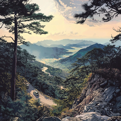 登山至顶，俯瞰森林与道路