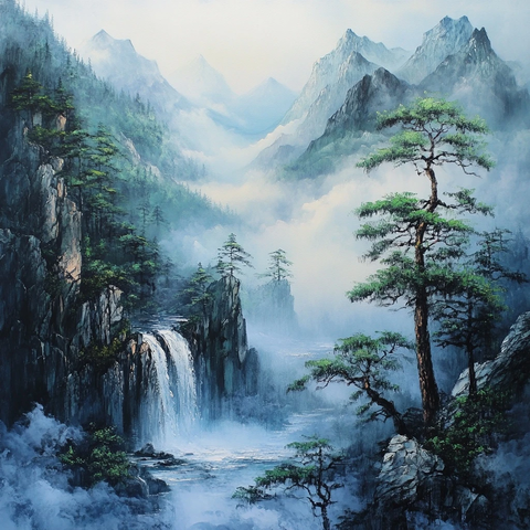 山水瀑布松石云雾