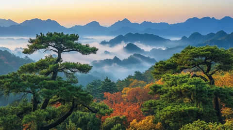 秋晨雾中枫林与松林