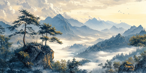 松树悬崖云雾山水