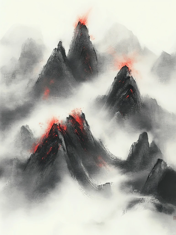红火山峰与白云