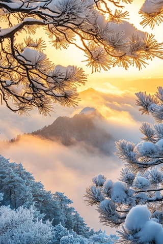 日出光照松树雾中