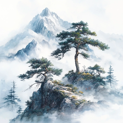 低山白底手绘大师作品高清