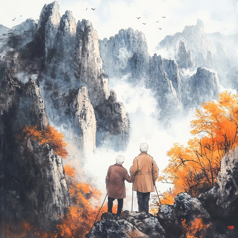 老年夫妇爬山互相扶持